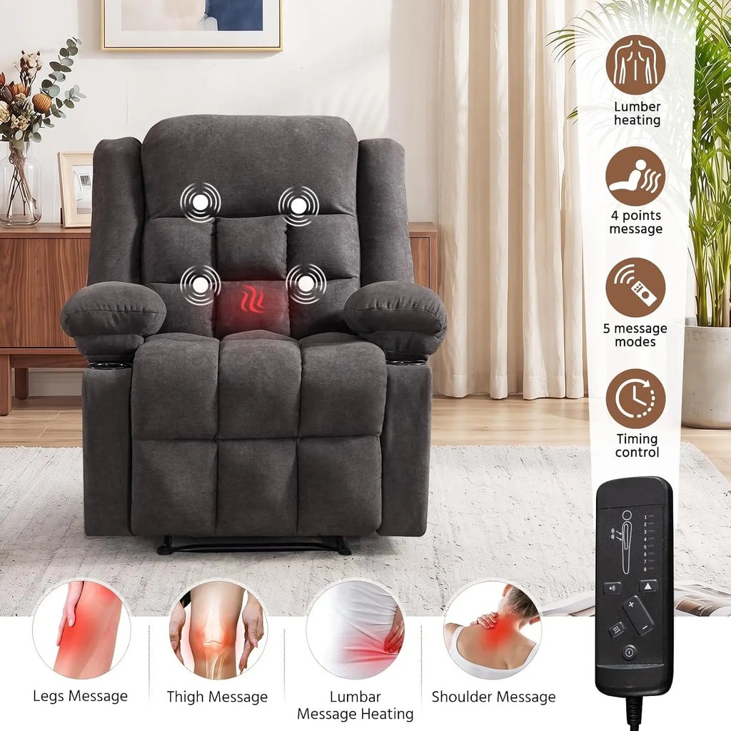 Classic Manual Recliners Set of 2 with Massage and Heat for Adults, Fabric Recliner Chair with Cup Holders & Side, Customized