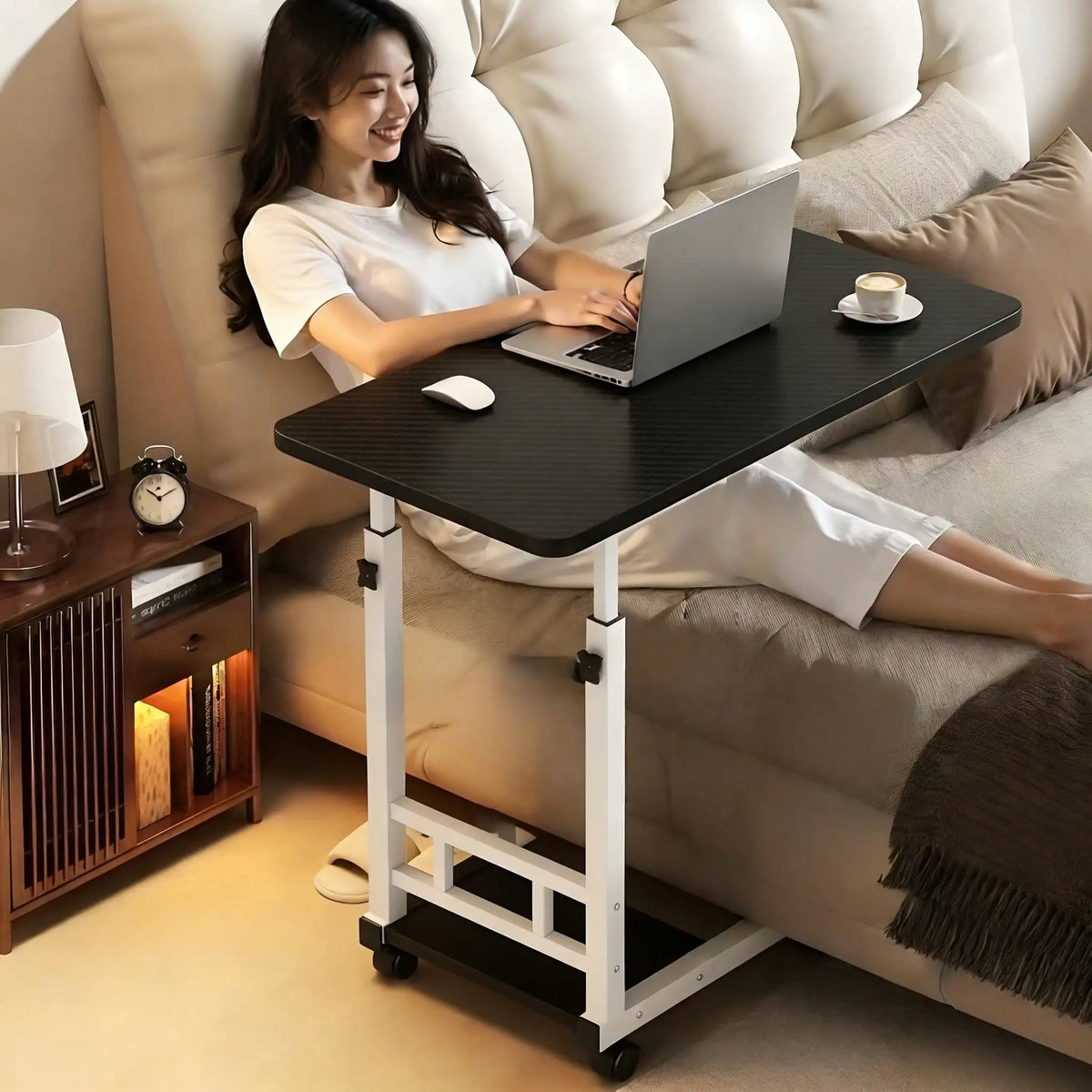 Kocoile Height-Adjustable Mobile Desk, Portable Laptop Desk With Locking Wheels, Bedside Computer Workstation With A Carbon Fiber Surface