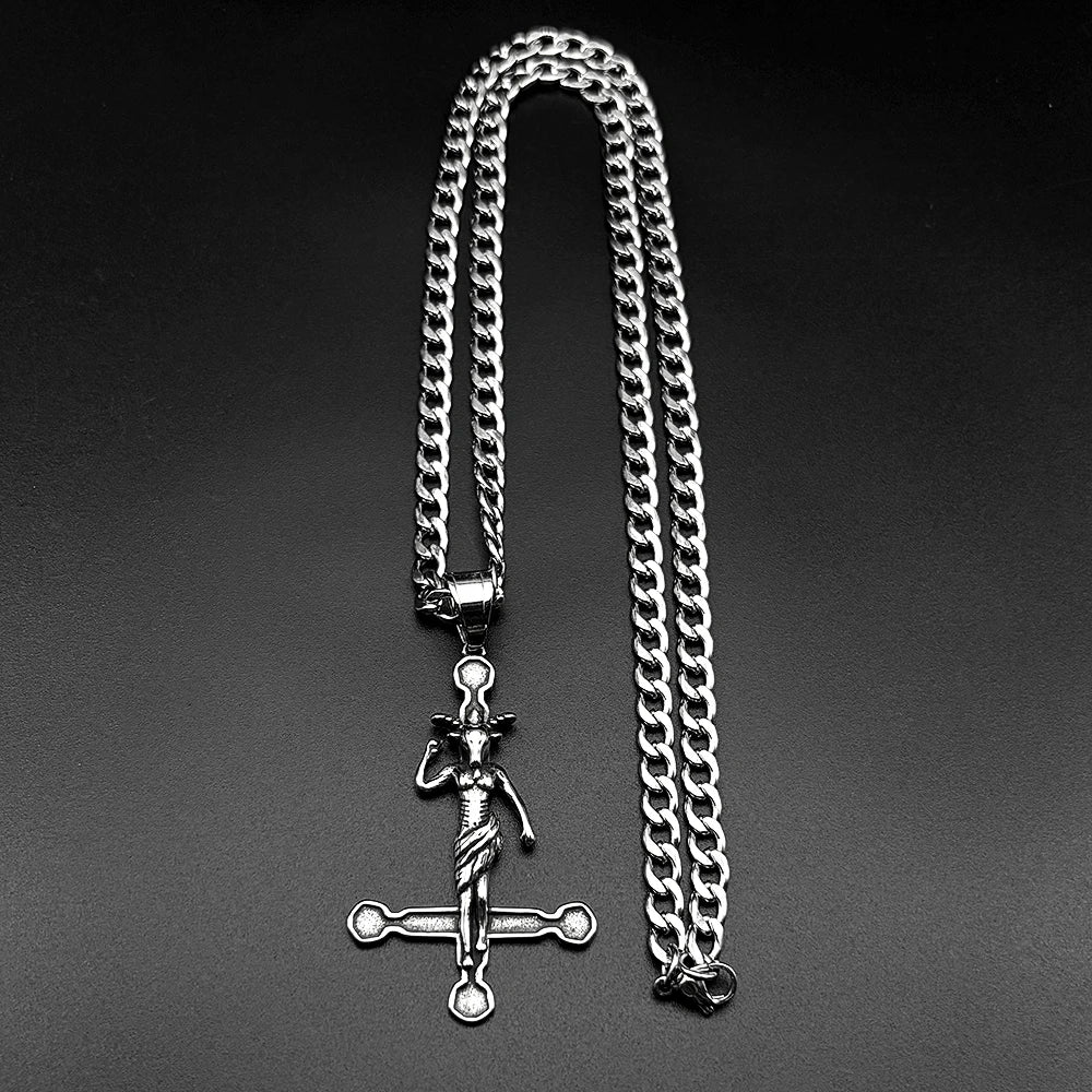 Baphomet Goat Satanic Satan Demon Devil Inverted Cross Pendant Necklace for Women Men Stainless Steel Silver Color Retro Jewelry