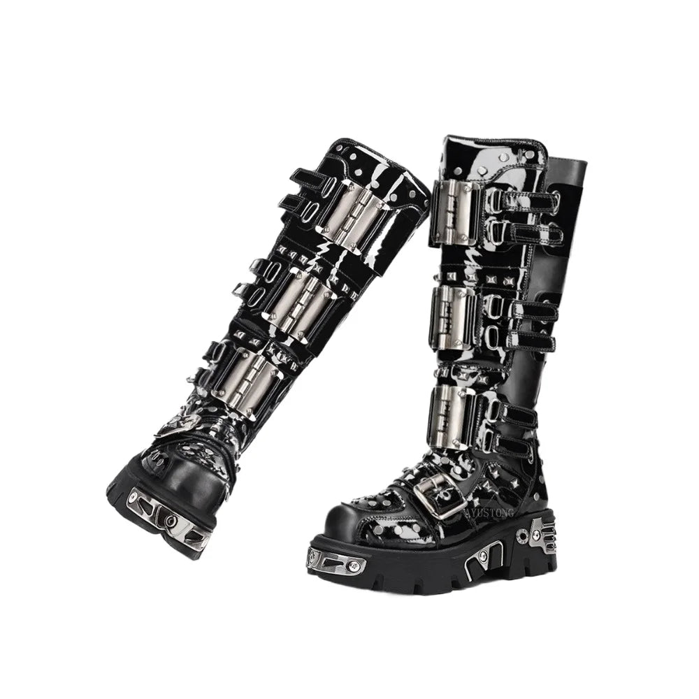 Fashion Men's Genuine Leather Motorcycle Boots Metal Goth Punk Knee High Boots Round Toe Thick-sole Spanish Street Rock Shoes