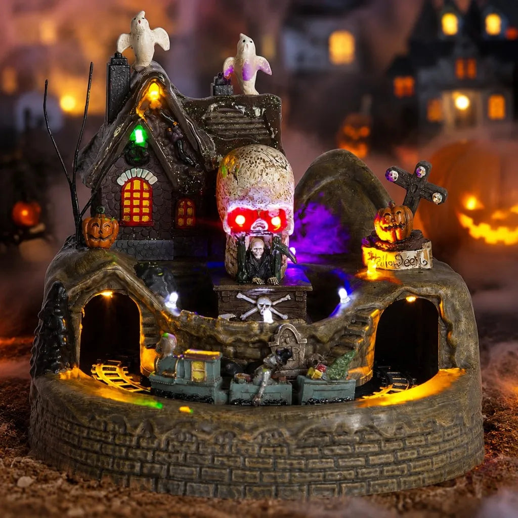 Halloween Holiday Village Train Decor with LED Lights Music Spooky Ghost & Skeleton Figurines, Festive Haunted House Decoration