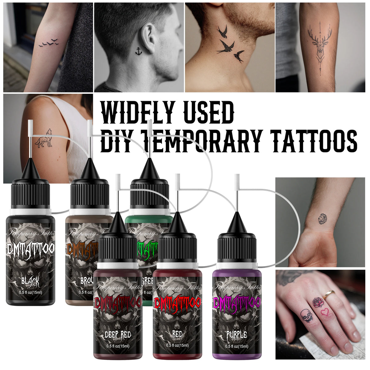 Temporary Tattoo Kit Semi Permanent Tattoo 6/12 Bottles Color Temporary Tattoo Ink 145/176 Pcs Stencils Kit for DIY Fake Tattoos