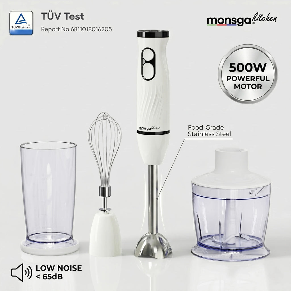 MONSGA By erabros Electric Hand Immersion Blender Mixer, 4 in 1 Hand Mixer Detachable Stick Blender Multifunctional Egg Whisk Milk Frother with 2 Mixing Speed, Includes Vegetable Chopper Meat Grinder Juice Whisk Cup