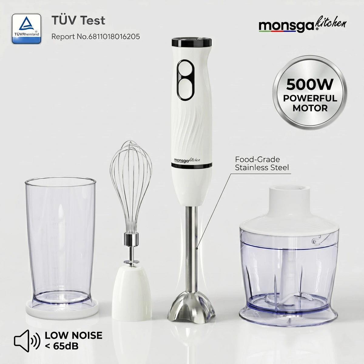 MONSGA By erabros Electric Hand Immersion Blender Mixer, 4 in 1 Hand Mixer Detachable Stick Blender Multifunctional Egg Whisk Milk Frother with 2 Mixing Speed, Includes Vegetable Chopper Meat Grinder Juice Whisk Cup