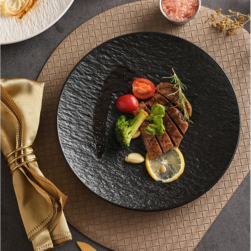 10pcs Rock-textured Shallow Plate, Reusable Main Dish, Sturdy and Not Easily Broken, Textured Embossed Design Pasta Plate - Suit