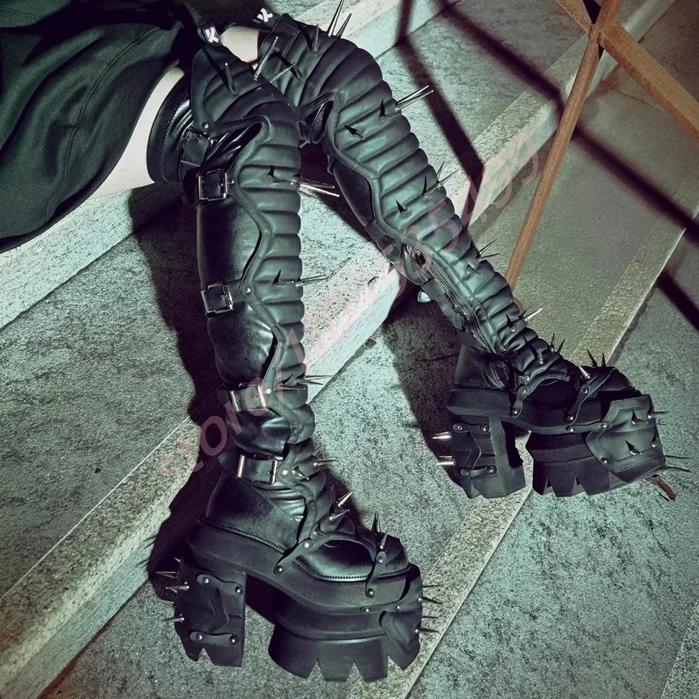 Thick Sole Rivets Weird Belt Buckle Motorcycle Boots 2025 Round New Punk Rock Over Knee Knight Boot Ins Style Fashion Party Boot