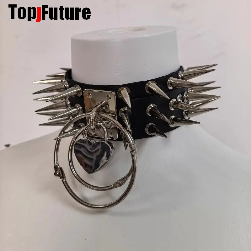 Women Men Spice Y2K Girl Harajuku Gothic Lolita Cosplay PU Punk Rivet Metal Necklace Streetwear Subculture Leather Choker