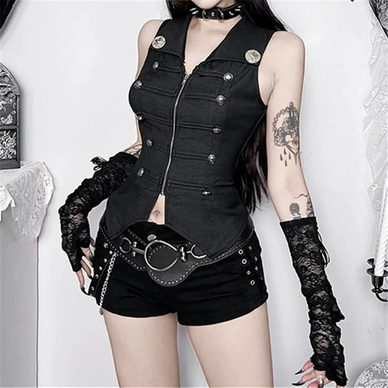 Goth Dark Punk Style Sleeveless Zip Cardigan Crop Tops Women Cyber Y2K Teachwear Gothic Button Slim Fashion Streetwear Tank Top