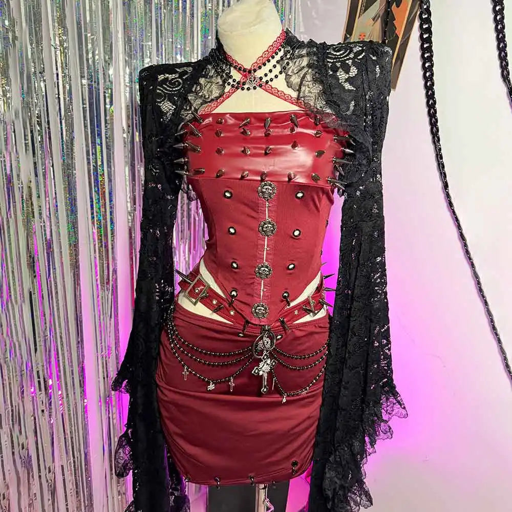 Red Gothic Dress for Women Y2K Rave Cyber Punk Rock Goth Cross with Spikes Scene Emo ALT Grunge Rave Festival E-Girls Clothing