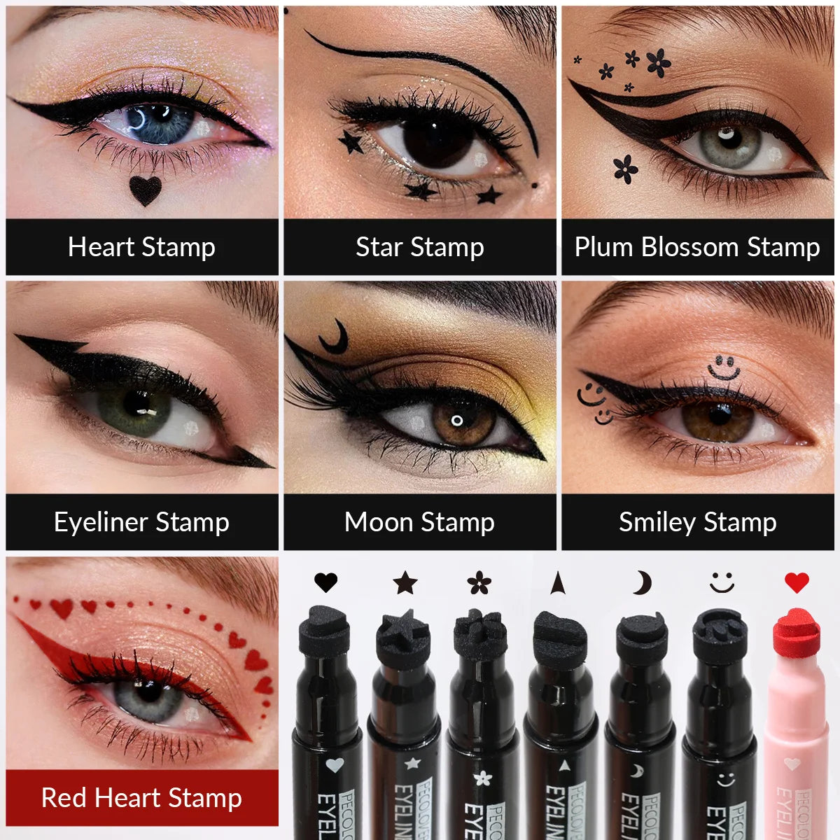 8PCS/SET Dual Tip Eyeliner Liquid Pen,Quick Dry Coating,Fade Resistant,Rich Classic Color Selection,Variety Decorative Stamp Shapes,Slender Writing Head,Easy Control Eye Cosmetic Set For Makeup Starters