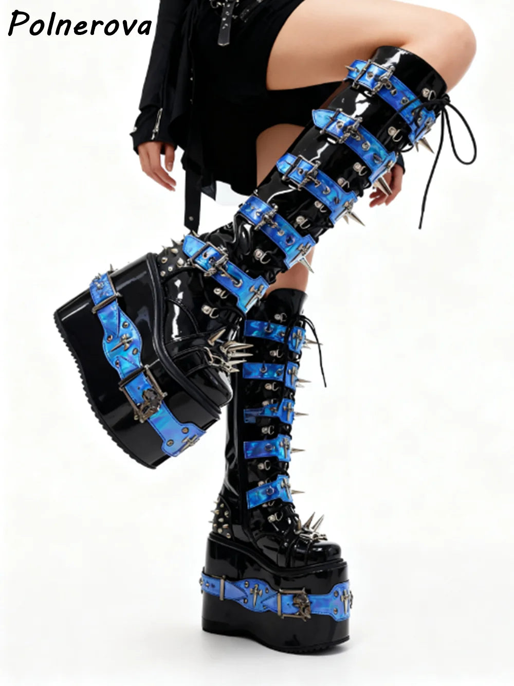 Black Blue Rivet Buckle Boots Round Toe Platform Wedges Cross Tied Patent Leather Shoes Women's Winter Warm Dark Punk Boots