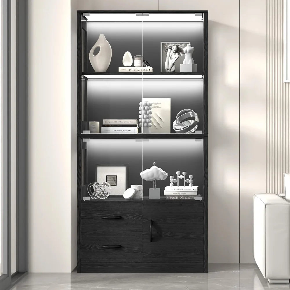 4-Tier Display Cabinet with Glass Doors, 3-Color LED Lights & Motion Sensor, Storage Shelves & Drawers, Black Oak