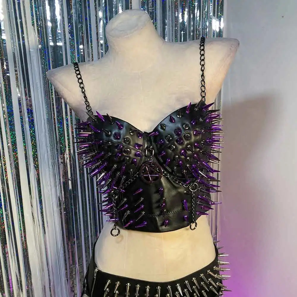 Emo Teen Kawaii Grunge Club Wear Gothic Y2K Vegan Leather TOPS Goth DIY Harajuku Punk Rock Purple Studded E-Girls Eco 90s Fairy