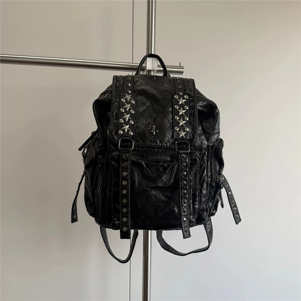 Black Punk Style Backpack Cross Rivet Backpack Unique Retro Goth Backpacks Large Capacity Commuter Bag