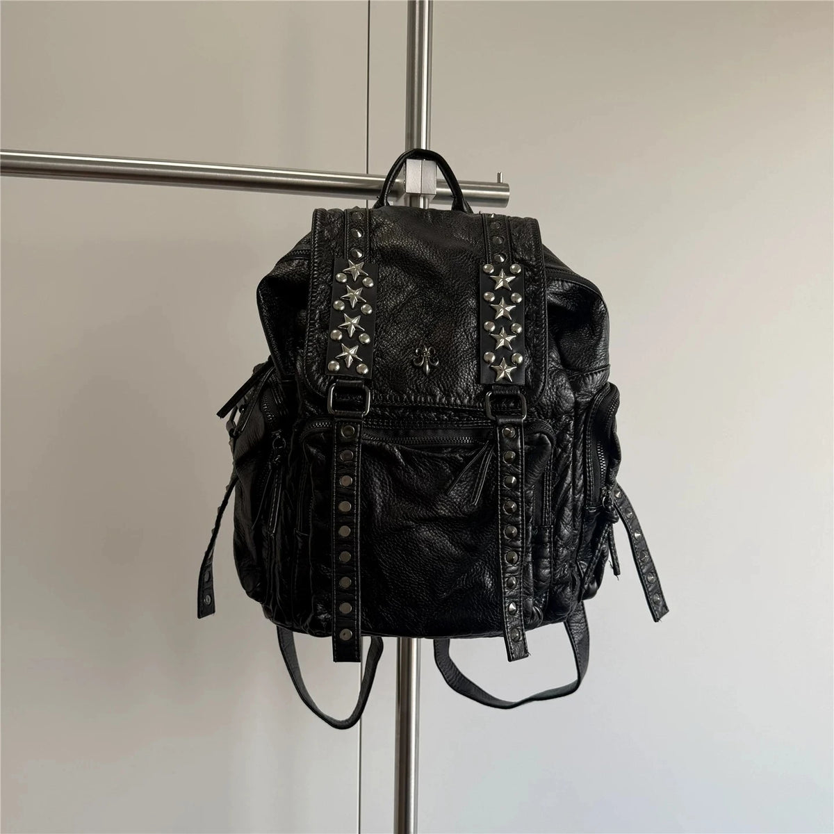 Black Punk Style Backpack Cross Rivet Backpack Unique Retro Goth Backpacks Large Capacity Commuter Bag