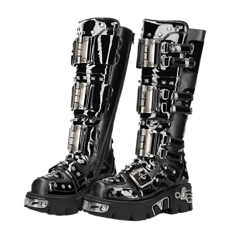 Fashion Men's Genuine Leather Motorcycle Boots Metal Goth Punk Knee High Boots Round Toe Thick-sole Spanish Street Rock Shoes