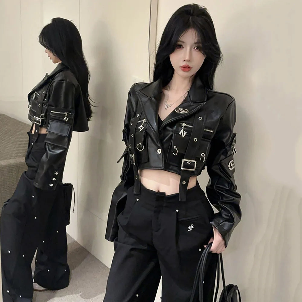 Spring Autumn New Leather Coat Pocket Texture Wash Skin Leather Jacket For Women Short PU Leather High Street Outerwear Female