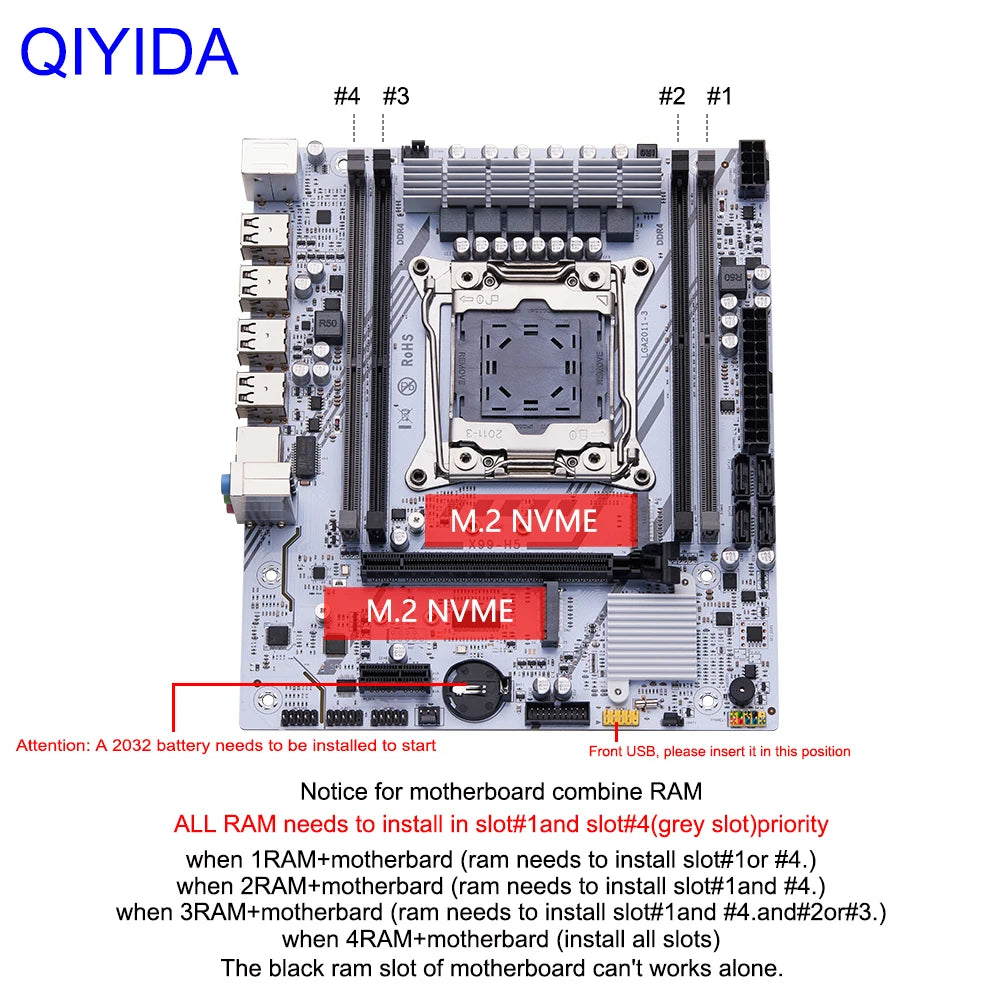 QIYIDA X99 Gaming Motherboard Kit with Xeon E5 2680 V4 DDR4 16GB=8Gx2 RAM M.2 NVME SATA USB for Desktop PC