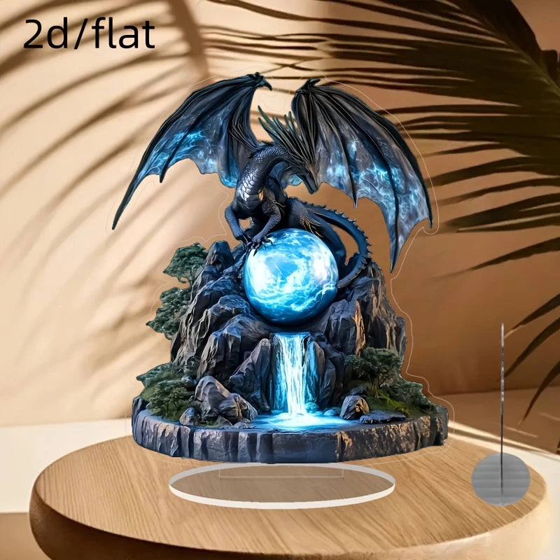 2D 8in Retro Bohemian Black Dragon Crystal Ball Flat Acrylic Landscape Design Mysterious Figurine Cool Tabletop Decora Gifts