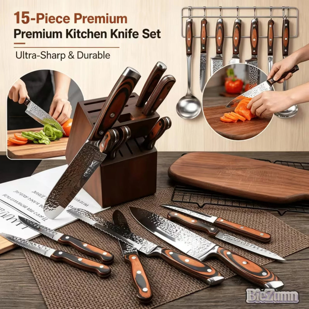 Professional 15PCS Forged Hammer Finish Kitchen Knife Set Pakka Wooden Handle Kitchen Cutlery Set with Knife Block Scissors Sharpener Complete Household Cooking Knives
