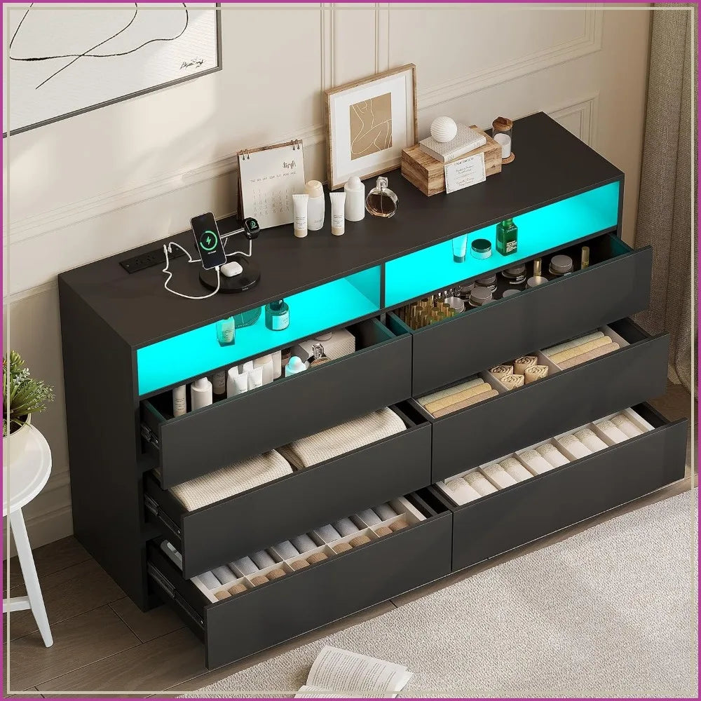 6 Drawer Dresser for Bedroom 47 in Wooden Black Chest of Drawers Storage Organizer