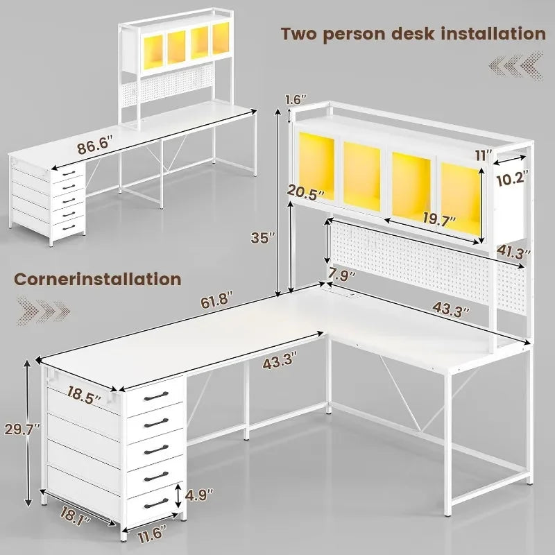 SEDETA L Shaped Gaming Desk with Drawers, L Shaped Computer Desk with Hutch and Storage Shelves, Gaming Desk with Pegboard,