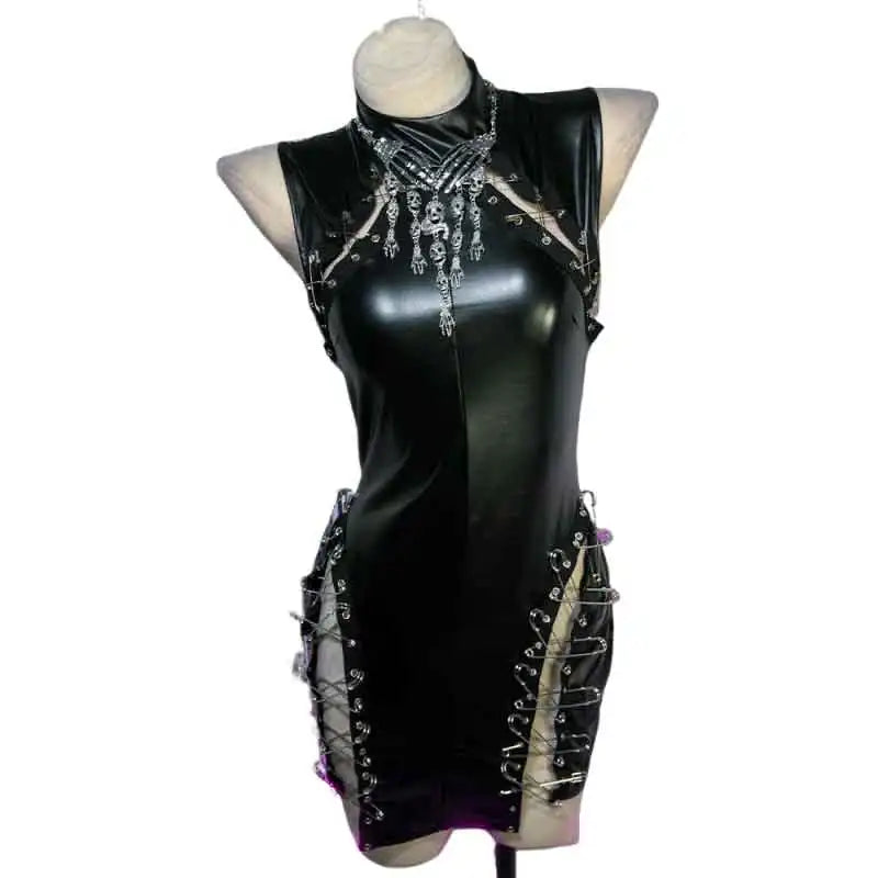Grunge Skull Kawaii Eco Club Wear Harajuku Y2K TOPS Punk Rock Hand Made E-Girls Gothic PU Leather Dress 90s Emo Goth DIY Teen