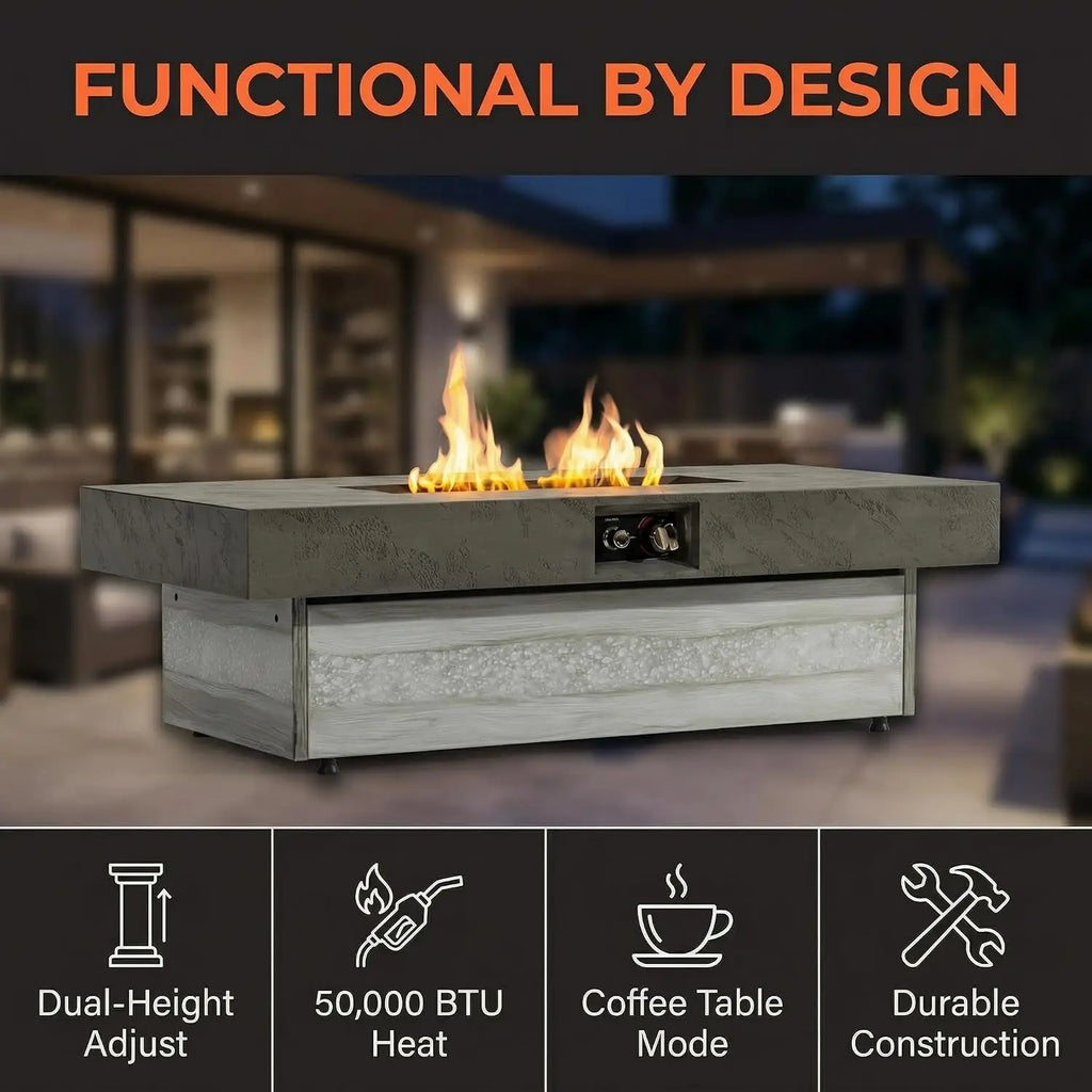 48x24 Adjustable Propane Fire Pit Table 50000 BTU Cement Grey, Custom