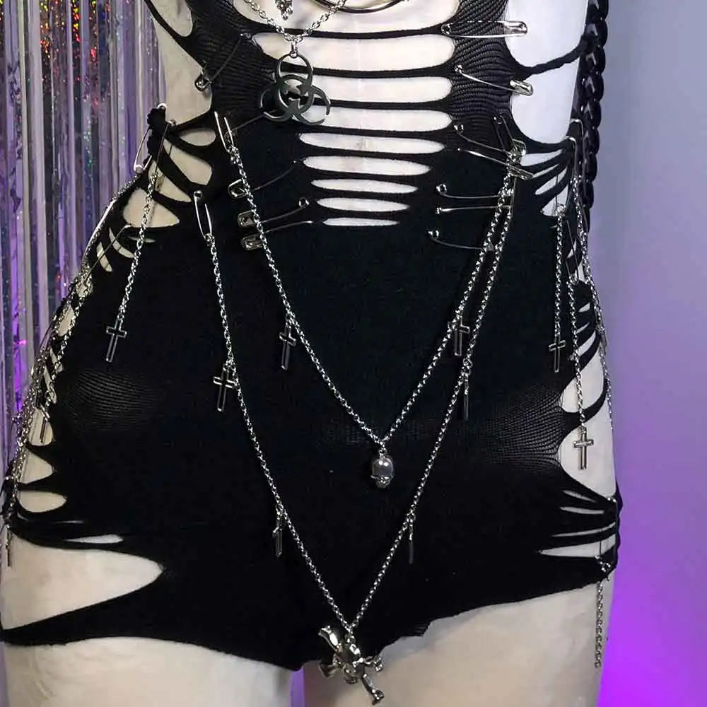 Women's Y2K Gothic Cyber Goth Cross Crop Top Emo Grunge Punk Style 90s Alternative E Girl Tank Top Sexy Cyberpunk Chain Clothing