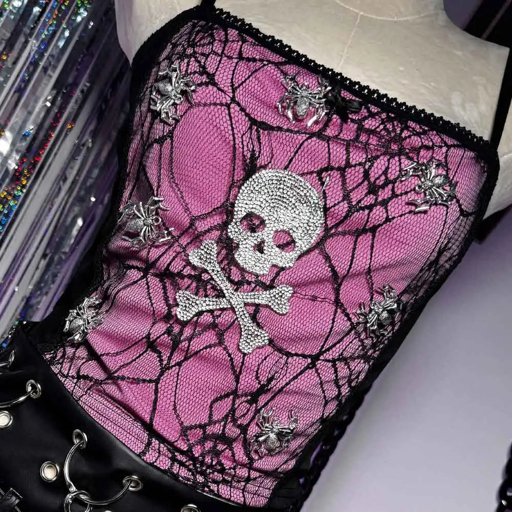 Pastel Pink Gothic Punk Rock Spider Halter Top Y2K Grunge Emo 90s Cyber Alternative E-Girl ALT Clothing Gothic Punk Rock Shirt