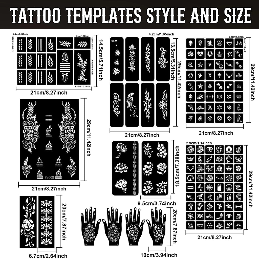 Temporary Tattoo Kit Semi Permanent Tattoo 6/12 Bottles Color Temporary Tattoo Ink 145/176 Pcs Stencils Kit for DIY Fake Tattoos