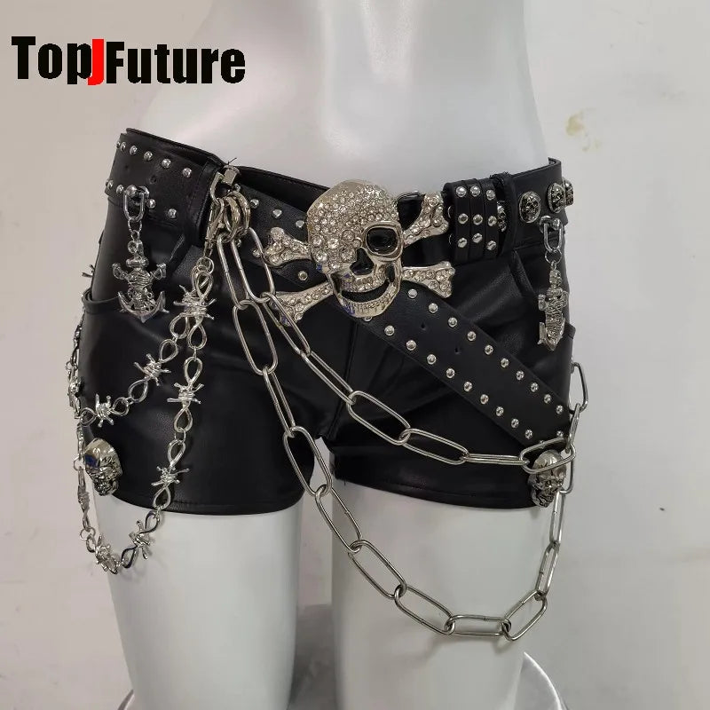 Y2K Spicy Girl Gothic Dark Punk Subculture PU Leather Shorts With Skull Chain Rivet Decor Niche Alternative Fashion Streetwear