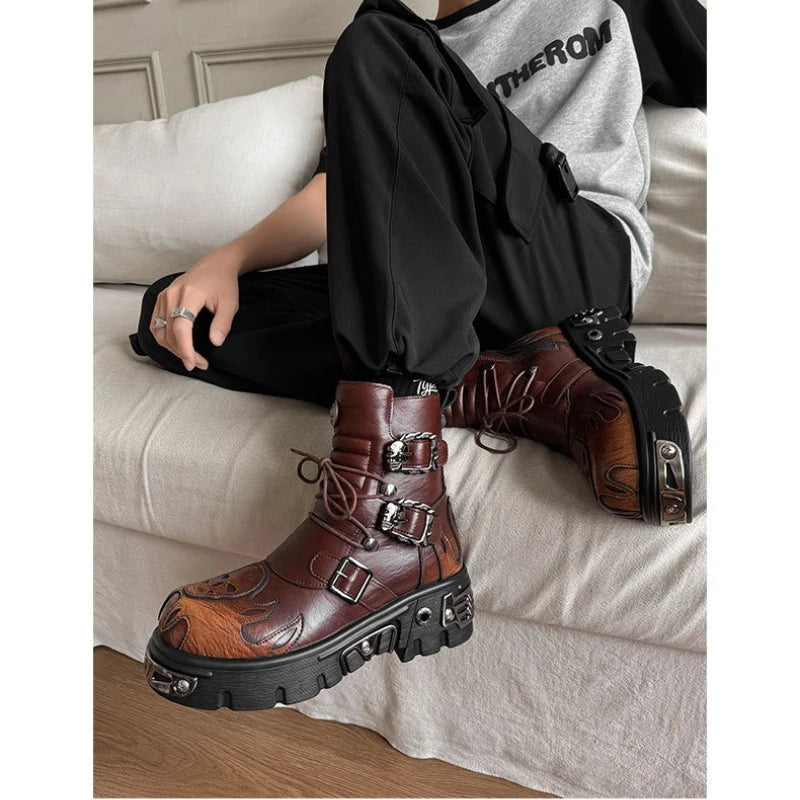 Punk Gothic Style Motorcycle Boots Men Classic Retro Metal Rock Western Boots Outdoor Male Workwear Platform Ankle Boots