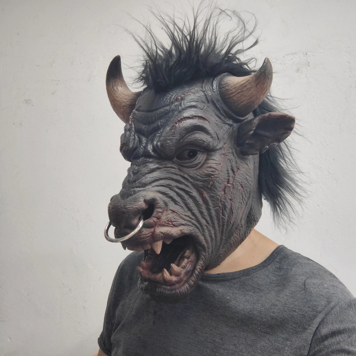 Scary Bull Mask with Horns Nose Ring Fangs Black Hair for Halloween Costume Cosplay Party Animal Headgear