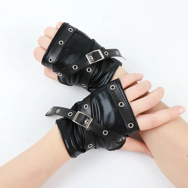 New Half Fingered Gloves for Women Gothic Black Fingerless Short Hand  Lacquer Leather Metal Buckle Wristband Dark Punk Sleeves