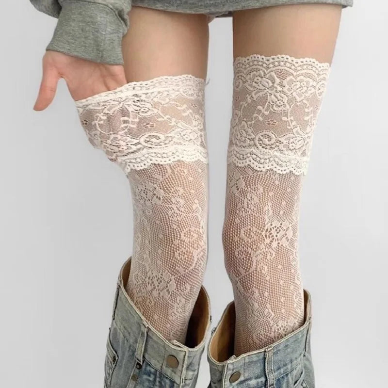 1 Pair Women Sexy Flowers mesh lace Thigh High Stockings Over The Knee Stockings Lolita style Girls Long Leg Boot Socks