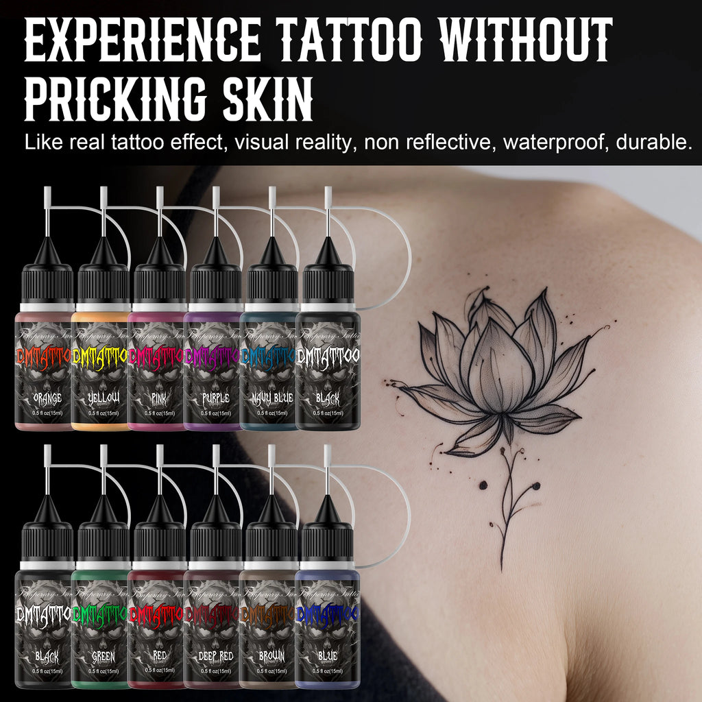 Temporary Tattoo Kit Semi Permanent Tattoo 6/12 Bottles Color Temporary Tattoo Ink 145/176 Pcs Stencils Kit for DIY Fake Tattoos