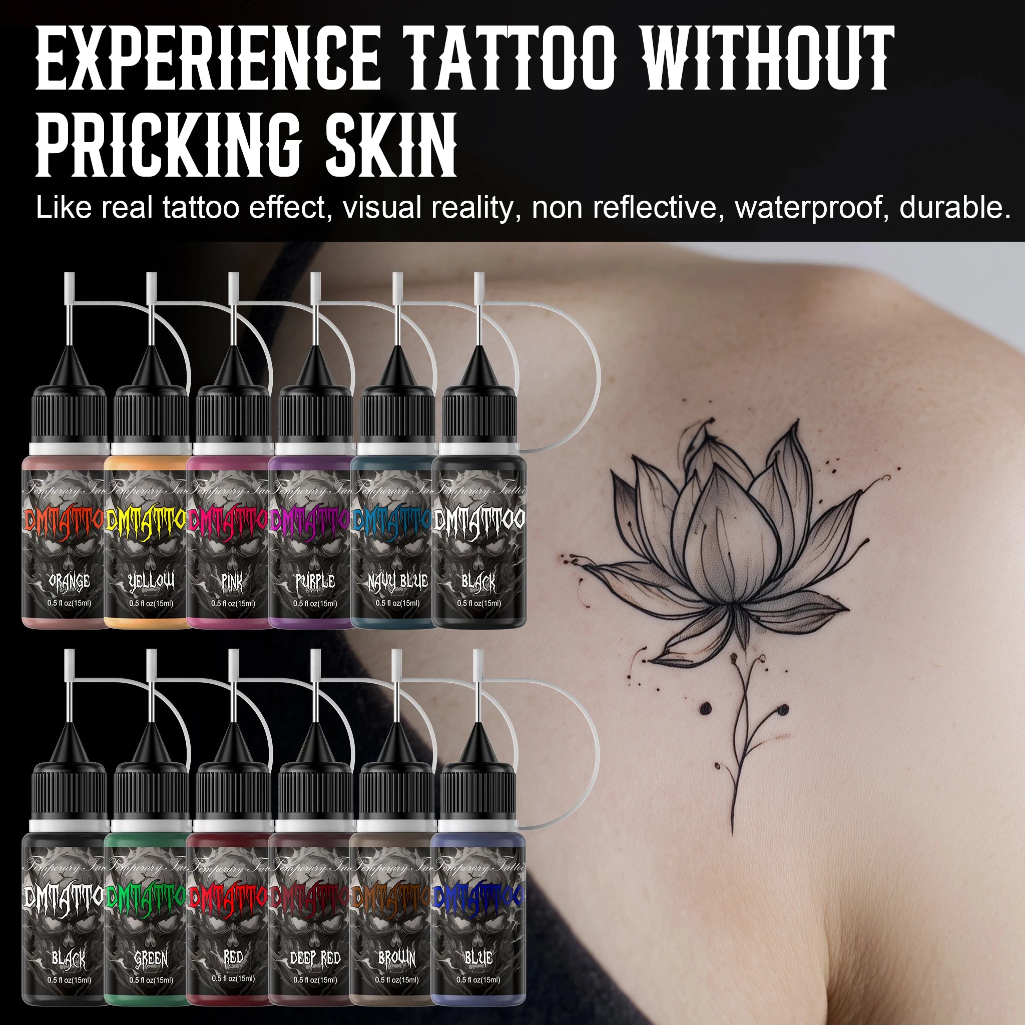 Temporary Tattoo Kit Semi Permanent Tattoo 6/12 Bottles Color Temporary Tattoo Ink 145/176 Pcs Stencils Kit for DIY Fake Tattoos