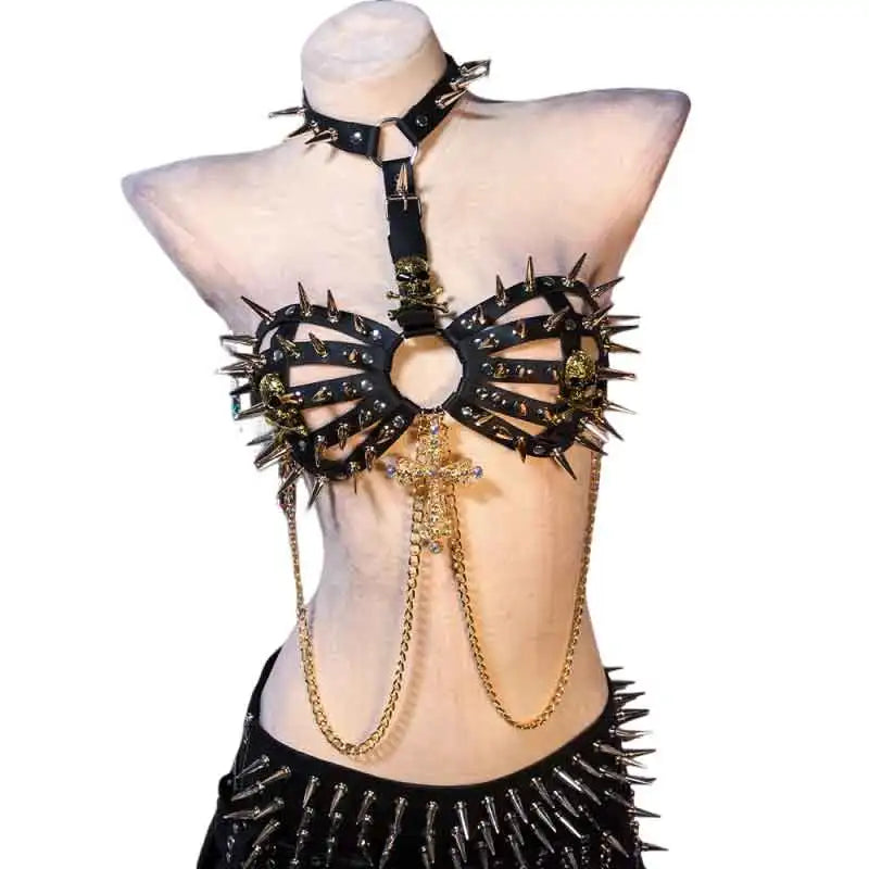 Goth Tops with Spikes Festival Bra Emo Clothing Summer Cyber Y2K T-shirt Punk Mini Rock Clothes Grunge Gothic Tank Rave Outfits