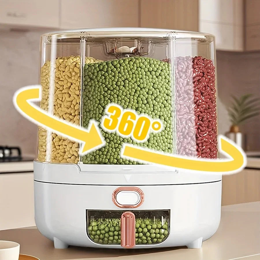 2026 6‑Compartment 360° Rotating Airtight Food Storage Container Moisture‑Proof Cereal Rice Dry Snack Kitchen Pantry Organizer
