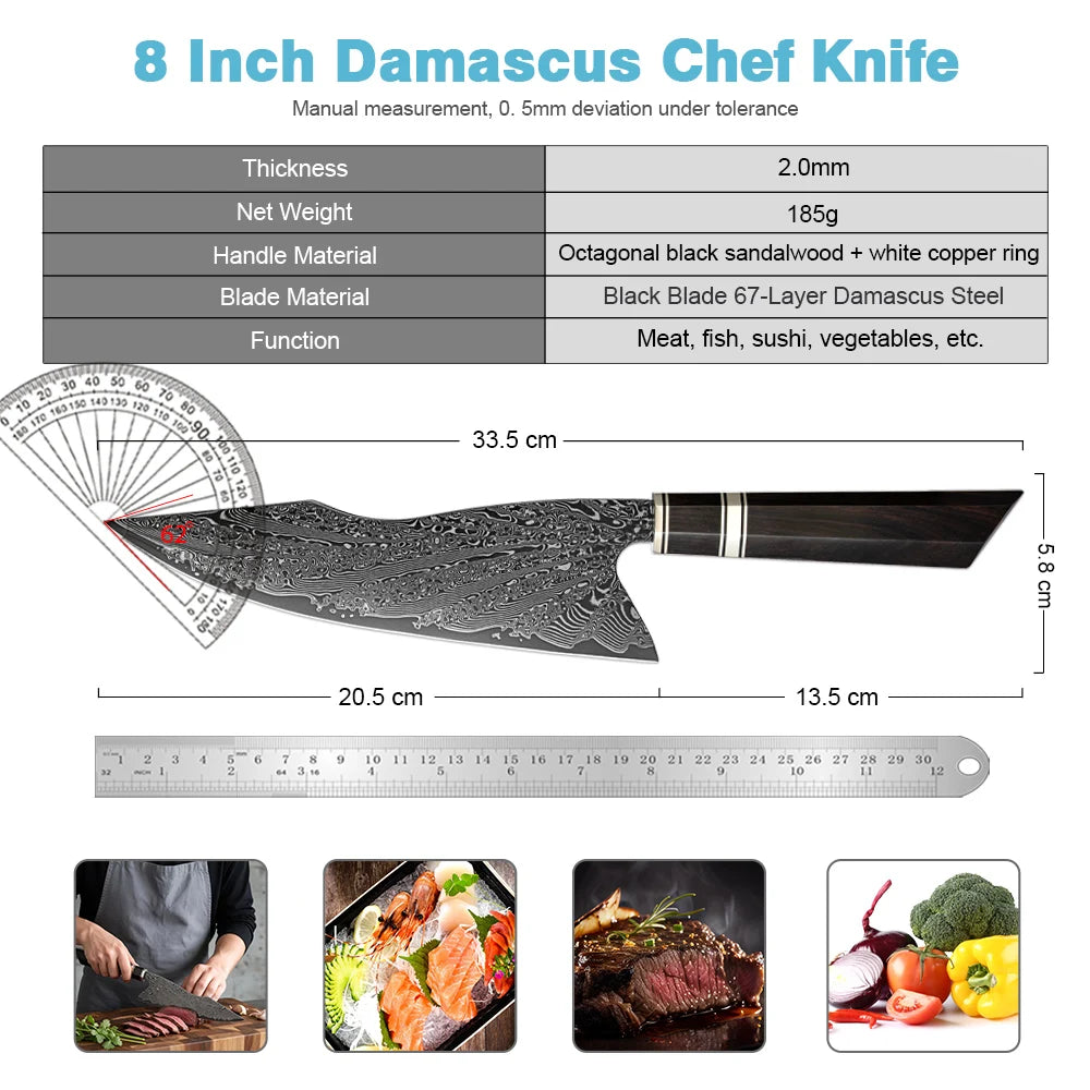XITUO 8" Damascus Steel Chef Knife, Ultra Sharp Japanese Kitchen Chopper & Meat Cleaver with Octagonal Black Rosewood Handle
