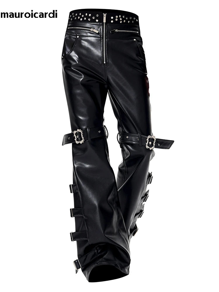 Mauroicardi Spring Autumn Cool Handsome Long Black Pu Leather Flare Pants for Men Rivet Luxury Designer Alternative Emo Clothes