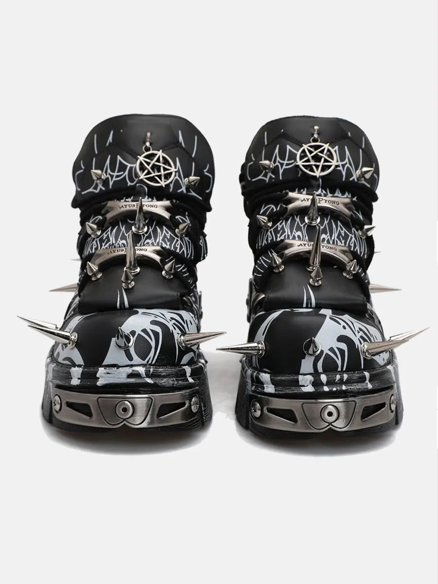 2026 New Original Design Graffiti Platform Men's and Women's Dark Rivets Rock Punk Heightening Muffin Casual Dad Shoes