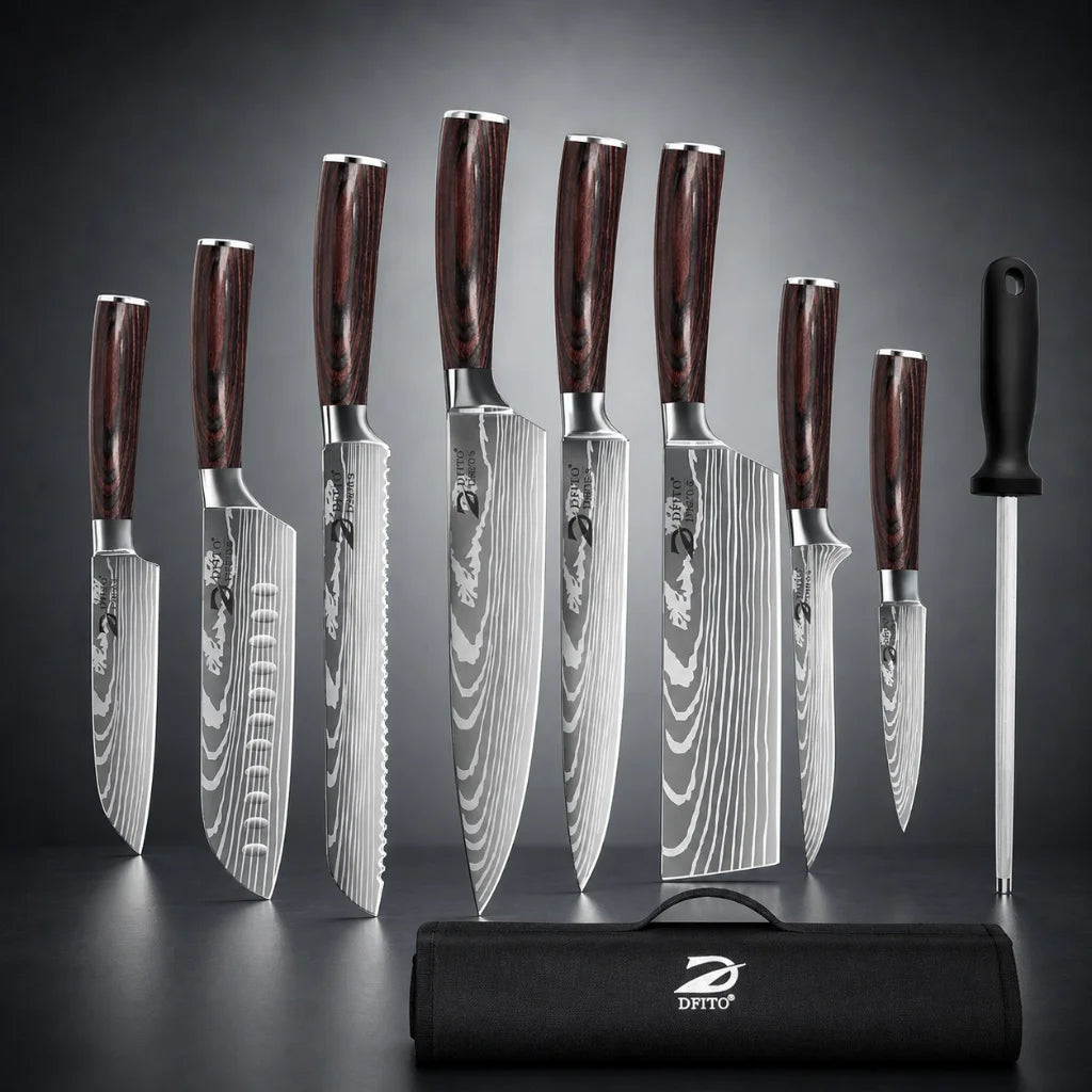 MDHAND 8PCS Damascus Stainless Steel Kitchen Knife Set Super Sharp Japanese Style Chef Santoku Cleaver Slicing Boning Utility Paring Knives Complete Cooking Cutlery Kit with Portable Protective Nylon Carry Bag for Home Kitchen Chef Use
