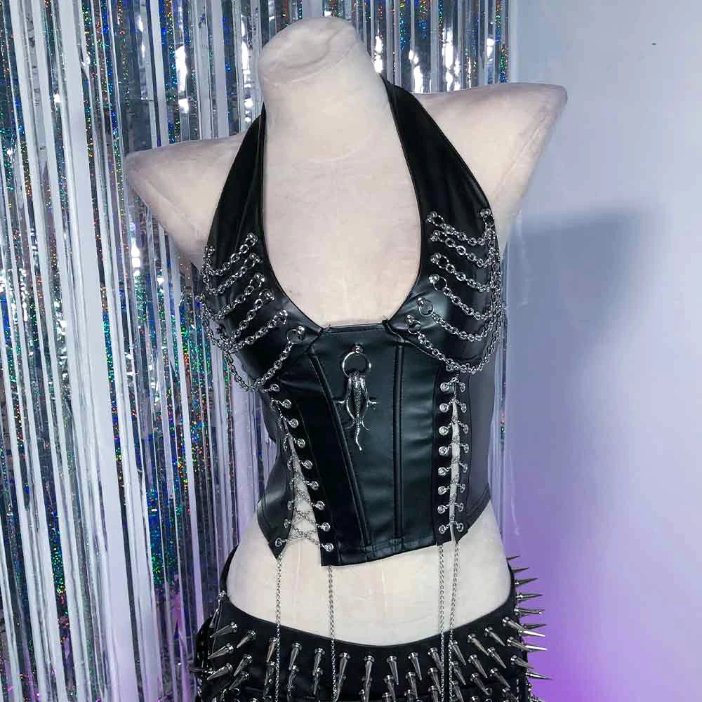 Y2K Cybergoth Gothic Corset Top for Women with Chain Tank Top Emo Clothing Grunge Style Cyber Punk Rock Rave Festival Bra Shirt