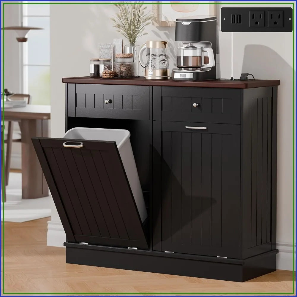Betterhood Tilt Out Trash Cabinet with Outlet & USB, 2 Drawers, Wooden Laundry Hamper, Black