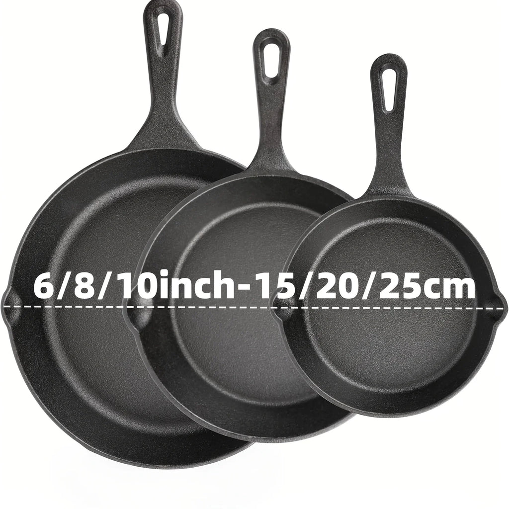 3PCS Cast Iron Skillet Set (6/8/10 Inch)  Pre-Seasoned, Heavy-Duty Pans for Oven, Grill & Campfire, Even Heat, Non-Stick Surface