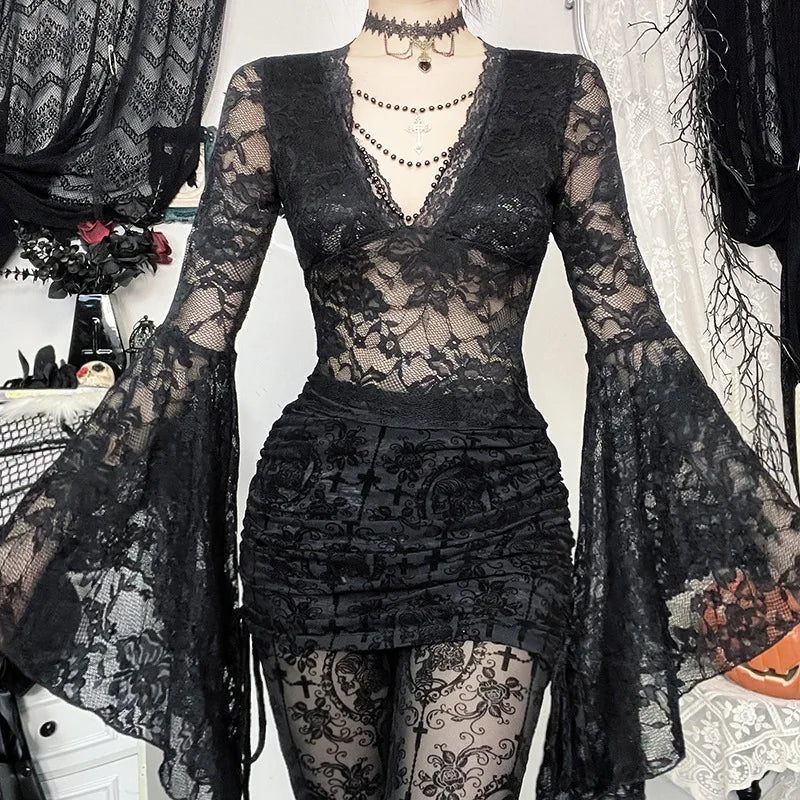 Goth Dark Cutecore Lace See Through Pullovers Tops Thin Sexy V-neck Flare Sleeve T-shirts Mall Gothic Bead Chain Decor Blouses