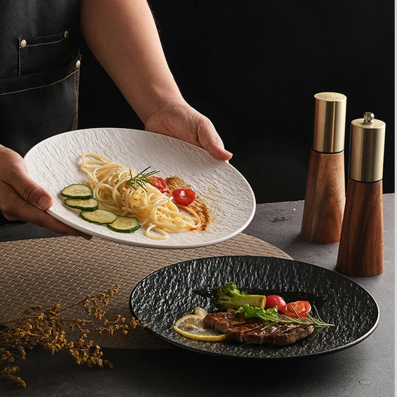 10pcs Rock-textured Shallow Plate, Reusable Main Dish, Sturdy and Not Easily Broken, Textured Embossed Design Pasta Plate - Suit