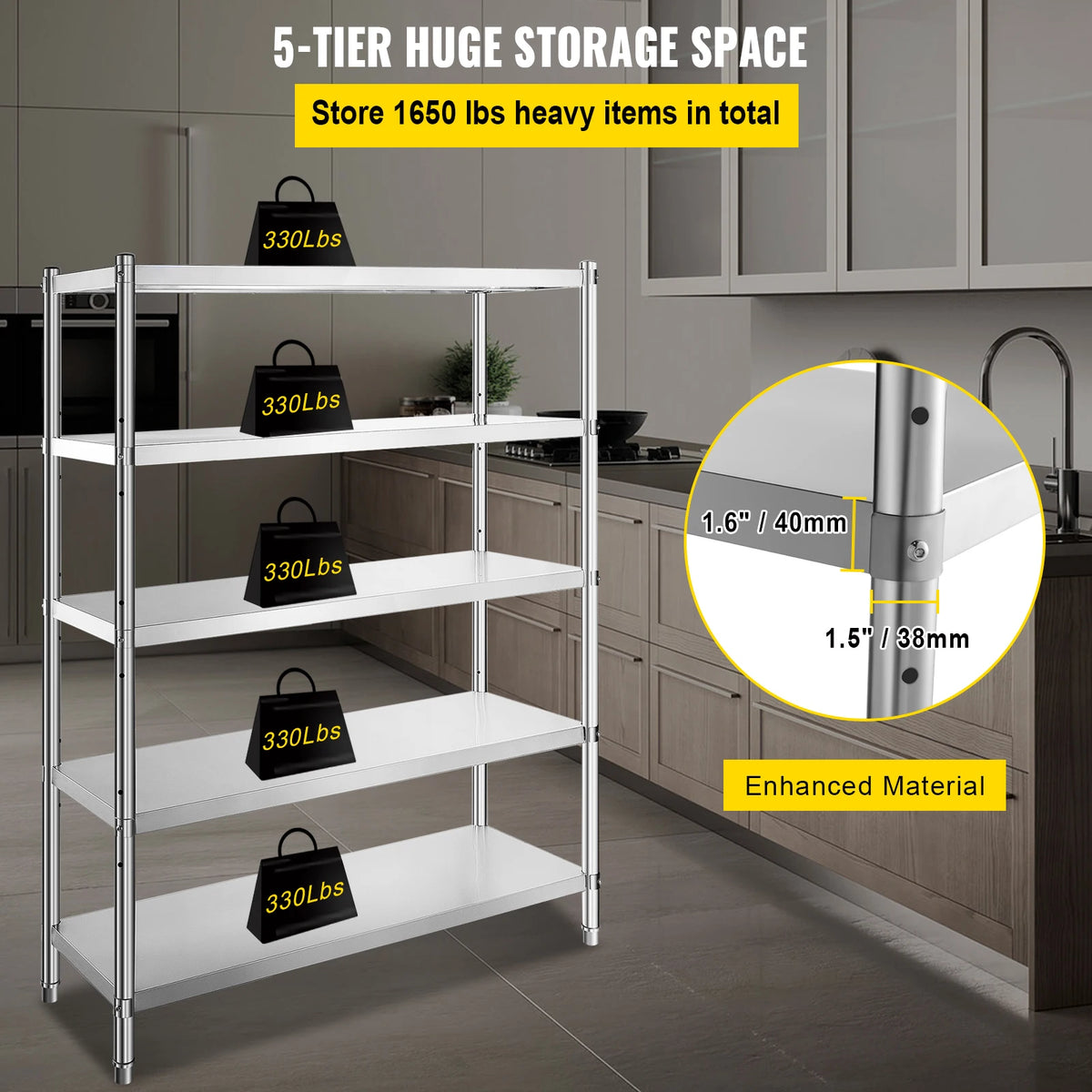 SucceBuy Tier Stainless Steel Shelves Adjustable Shelf Storage Unit Stainless Steel Rack Shelving for Kitchen Commercial Use